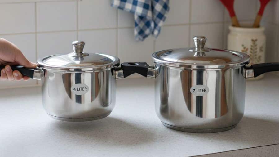 Comparação visual entre panelas de pressão de 4 e 7 litros sobre bancada de cozinha simples