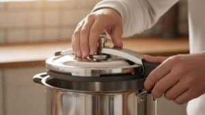 Pessoa fechando a tampa de uma panela de pressão tradicional, com foco no encaixe correto e na borracha de vedação, usada como imagem ilustrativa do artigo