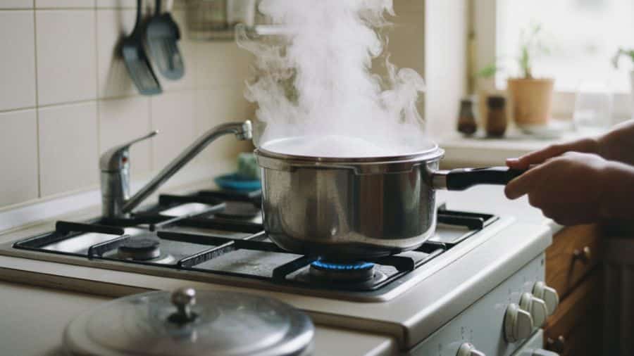 Panela de pressão com água e bicarbonato fervendo no fogão para soltar crostas internas