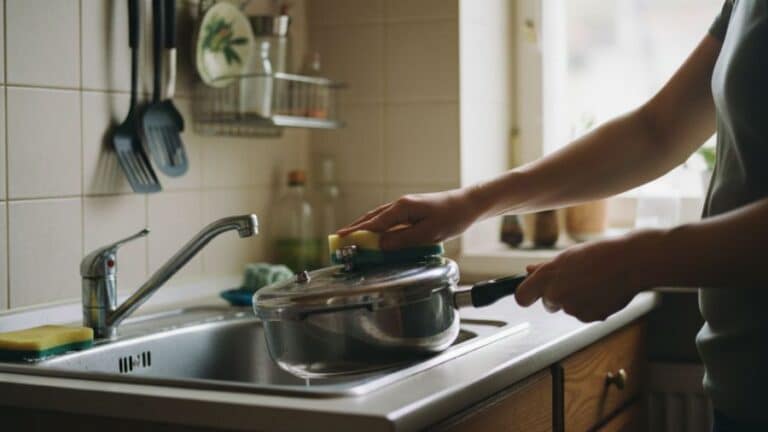 Panela de pressão aberta na pia prestes a ser limpa, mostrando início do cuidado com o utensílio