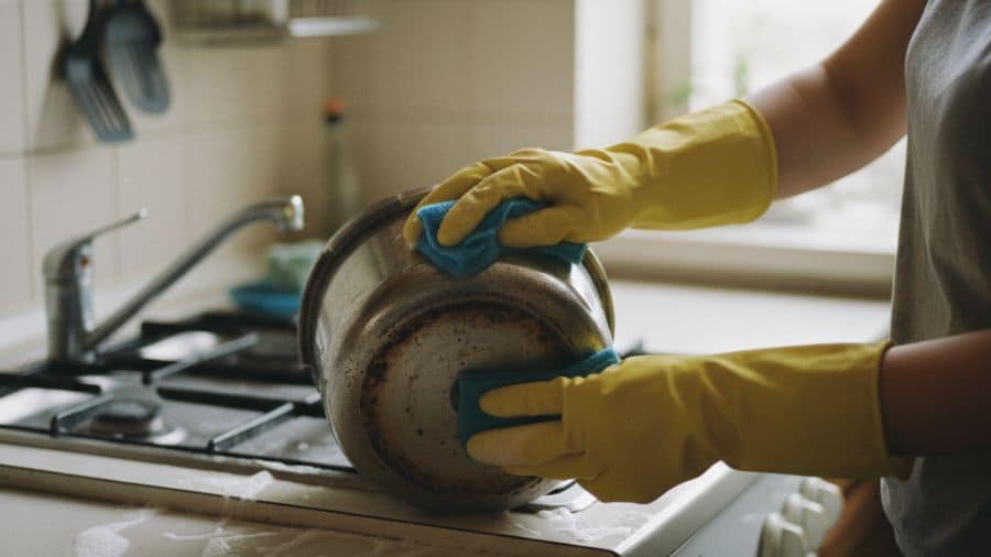 Pessoa limpando fundo da panela de pressão com esponja em bancada de cozinha doméstica