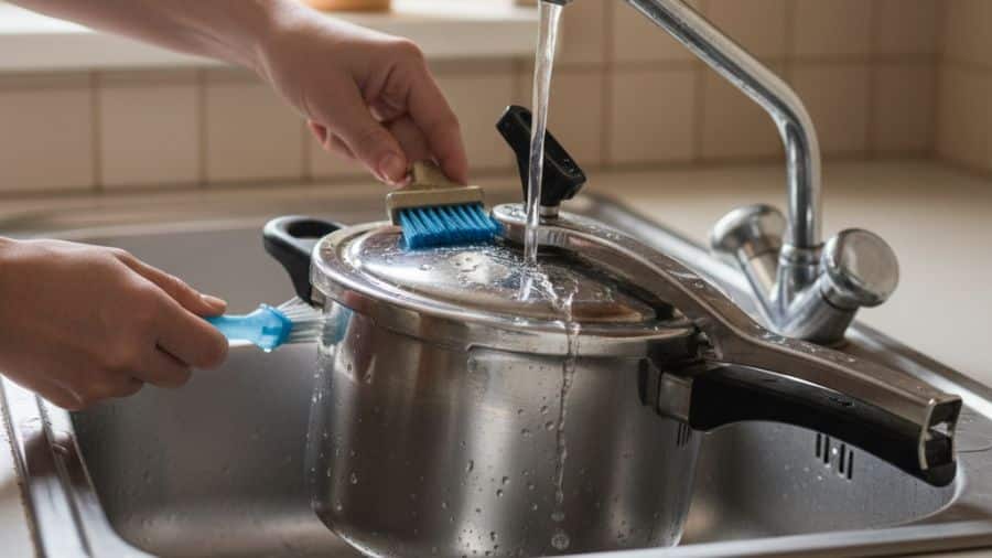 Limpeza da válvula e do pino da panela de pressão na pia, mostrando manutenção preventiva dos componentes