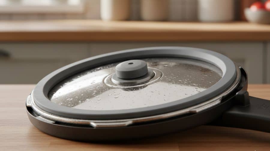 Tampa de panela de pressão com borracha de vedação encaixada, mostrando o sistema responsável por manter o vapor e a pressão interna