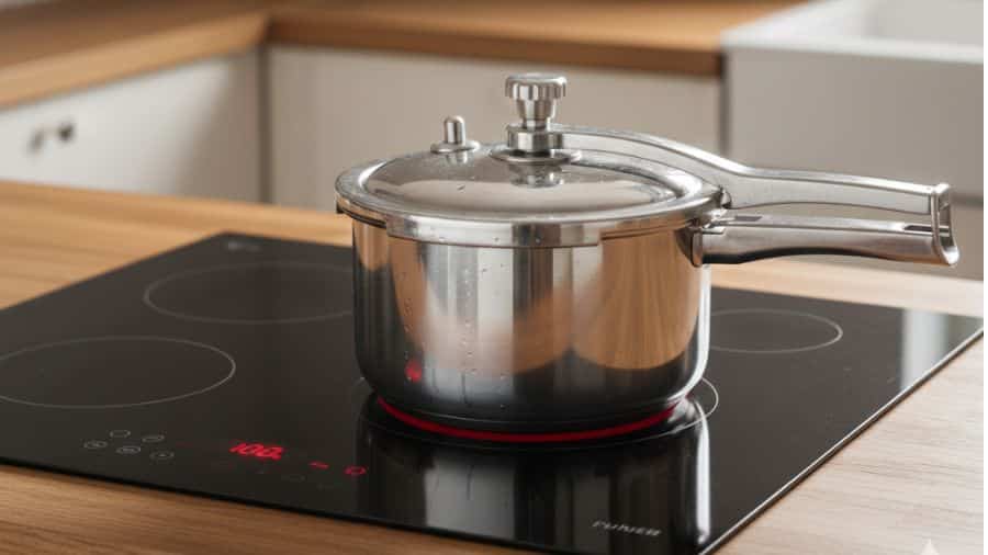Panela de pressão com base magnética sobre fogão de indução ligado, posicionada corretamente para uso seguro, usada como imagem ilustrativa do artigo