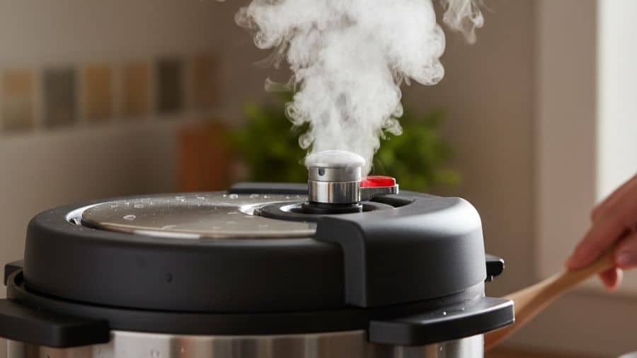 Válvula de panela de pressão liberando vapor durante o cozimento, ilustrando o controle da pressão e o funcionamento do sistema de segurança