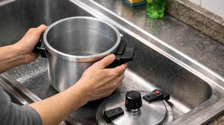 Mãos segurando panela de pressão de alumínio sobre pia de cozinha simples