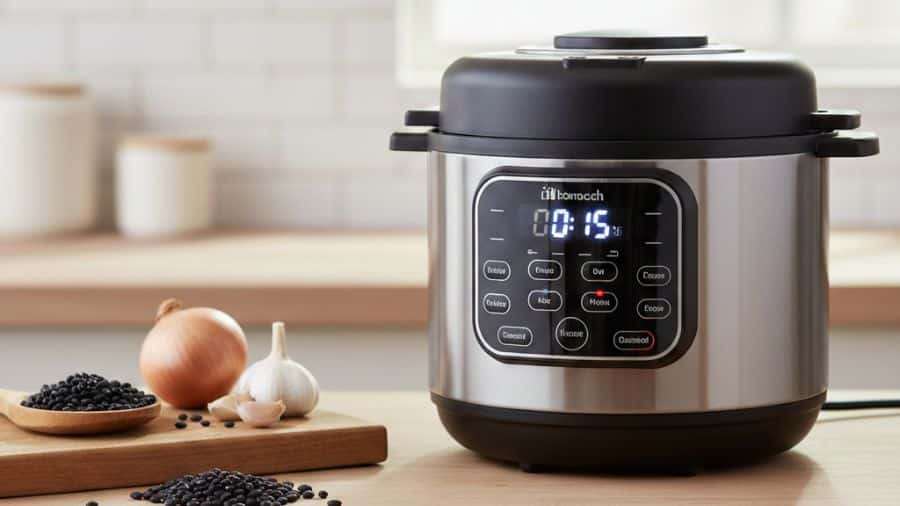 Panela de pressão elétrica sendo usada em uma cozinha simples, com visor digital ligado e ingredientes ao lado