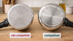 Fundo de duas panelas de pressão comparadas, mostrando qual funciona em fogão de indução