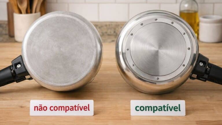 Fundo de duas panelas de pressão comparadas, mostrando qual funciona em fogão de indução