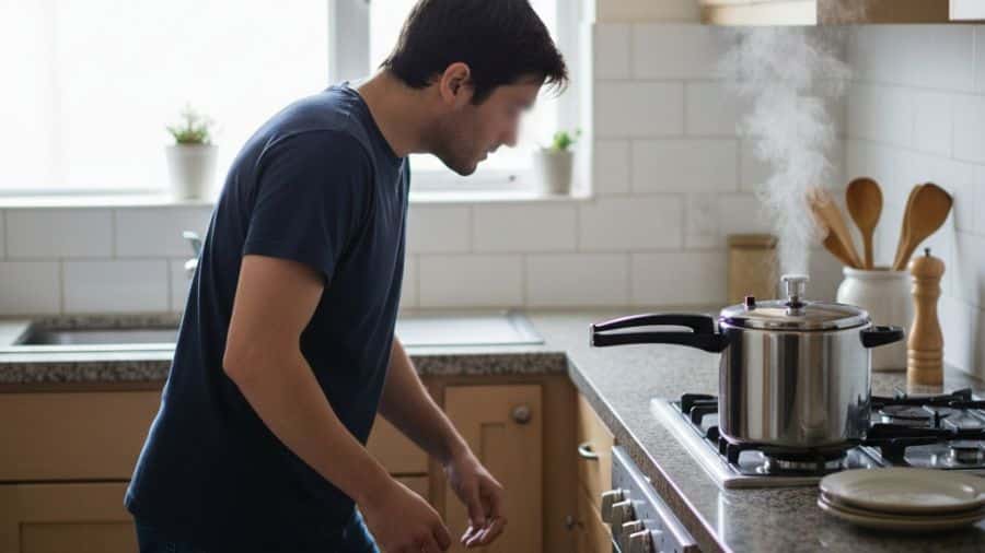 Mão desligando fogão com panela de pressão prestes a explodir