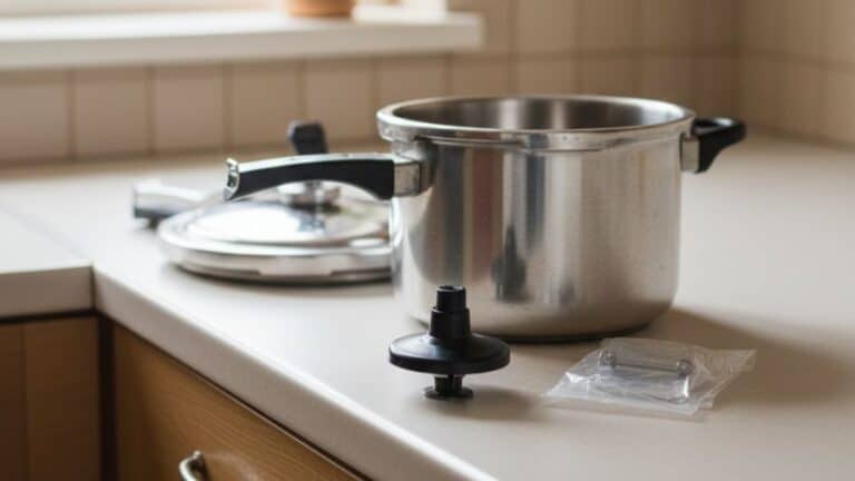 Válvula e pino de segurança ao lado da tampa da panela de pressão prontos para substituição segura