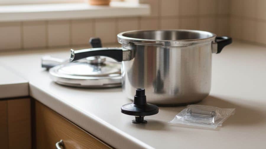 Válvula e pino de segurança ao lado da tampa da panela de pressão prontos para substituição segura