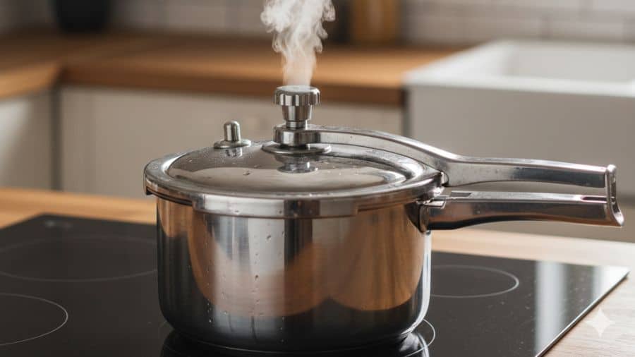 Válvula de panela de pressão liberando vapor de forma controlada após o uso, representando a retirada segura da pressão, usada como imagem ilustrativa do artigo