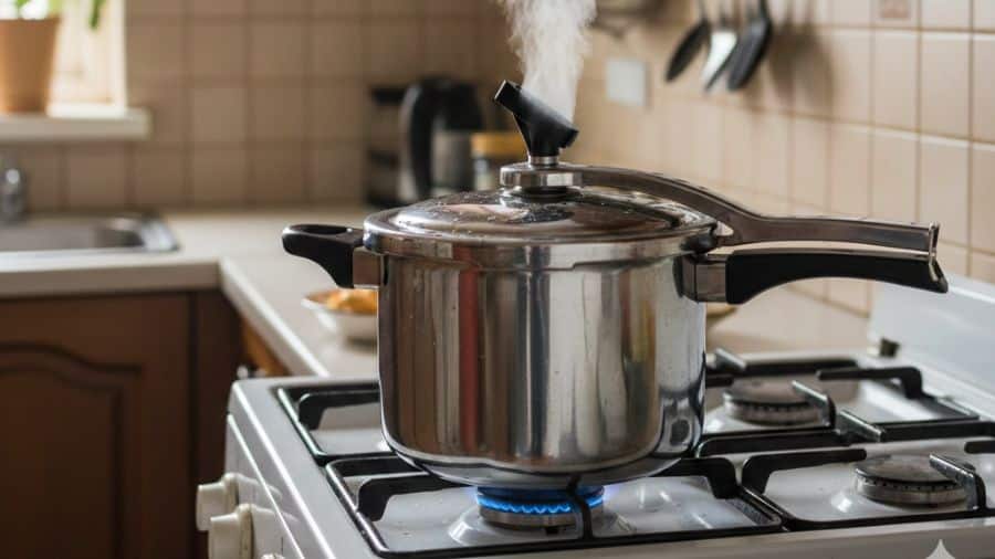 Válvula de segurança da panela de pressão liberando vapor durante o uso normal no fogão doméstico